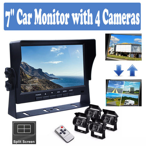 4-Channel Split 7" Screen Monitor w/4 Reversing Camera Kit for Truck Trailer Bus