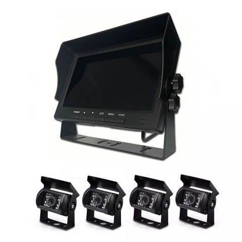 4-Channel Split 7" Screen Monitor w/4 Reversing Camera Kit for Truck Trailer Bus