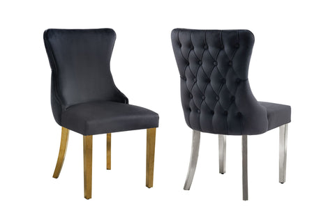 Paris Black Velvet  & Gold Polished Steel Upholstered Dining Chairs Tufted Back - Set of 2