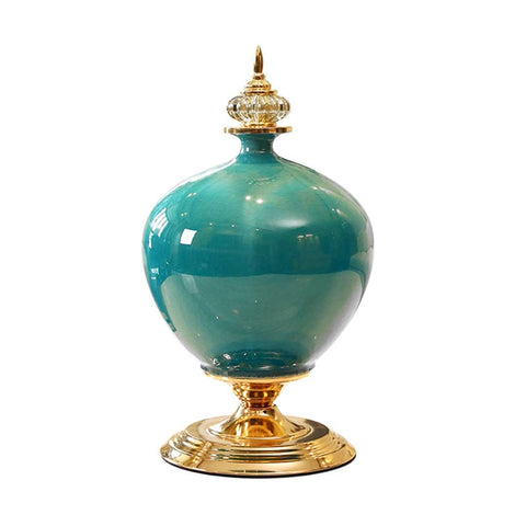 38cm Ceramic Vase with Gold Metal Base Green