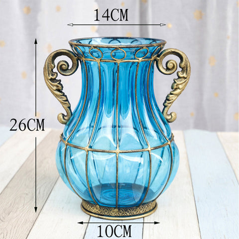 Blue Glass Flower Vase with 8 Bunch 3 Heads Artificial Silk Hibiscus Set