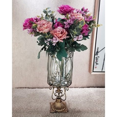 European Clear Glass Flower Vase with Gold Metal Pattern