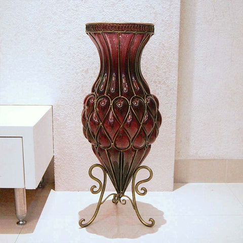 67cm Purple Glass Floor Vase with Metal Stand