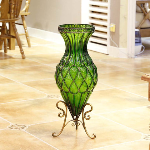 67cm Green Glass Floor Vase with Metal Stand