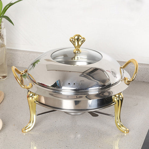 Stainless Steel Gold Accents Round Chafing Dish with Glass Top Lid