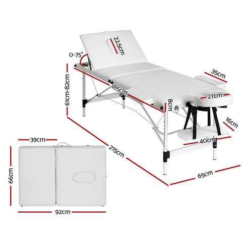 Zenses Massage Table 3 Fold Aluminium 65CM Width Portable Therapy Beauty Bed