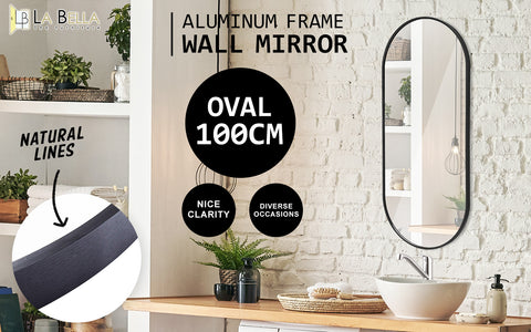La Bella Black Wall Mirror Oval Aluminum Frame Makeup Decor Bathroom Vanity 45x100cm