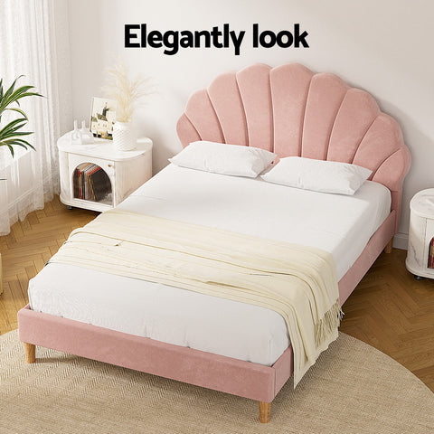 Artiss Bed Frame Double Size Scallop-Shape Bedhead Beds Base Pink Velvet Fabric