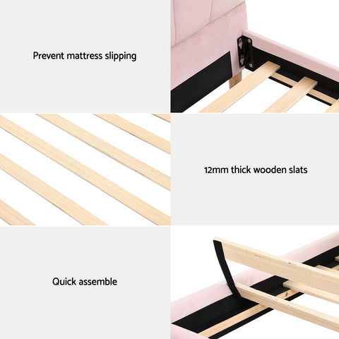 Artiss Bed Frame King Single Size Scallop-Shape Bedhead Beds Base Pink Velvet Fabric