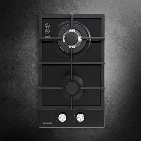 Devanti Gas Cooktop 30cm 2 Burner Built-in Stove Glass Cook Top NG LPG Wok Burner