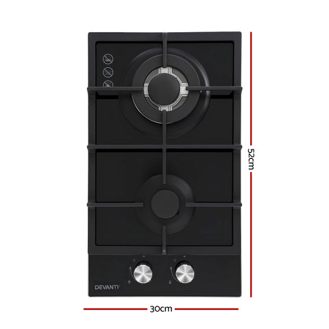 Devanti Gas Cooktop 30cm 2 Burner Built-in Stove Glass Cook Top NG LPG Wok Burner