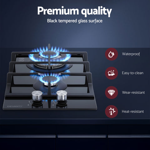Devanti Gas Cooktop 30cm 2 Burner Built-in Stove Glass Cook Top NG LPG Wok Burner