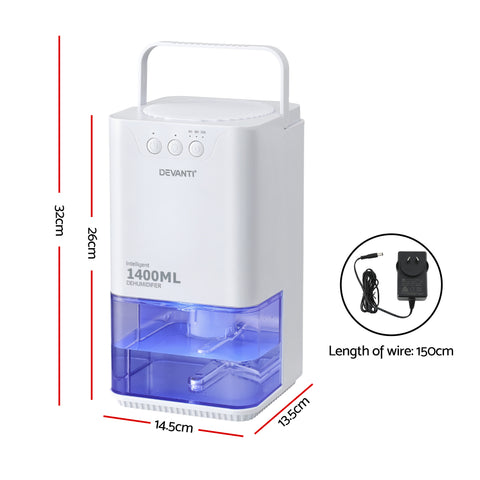 Devanti 1400ML Portable Dehumidifier Quiet Sleep Mode Timer Auto Off Bedroom White