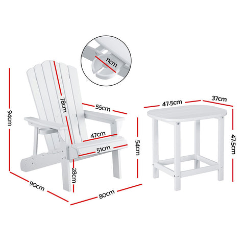 Gardeon Outdoor Table and Chairs HDPE Adirondack Beach Chair Sun Lounge Patio Furniture Garden White