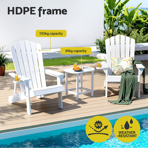 Gardeon Outdoor Table and Chairs HDPE Adirondack Beach Chair Sun Lounge Patio Furniture Garden White