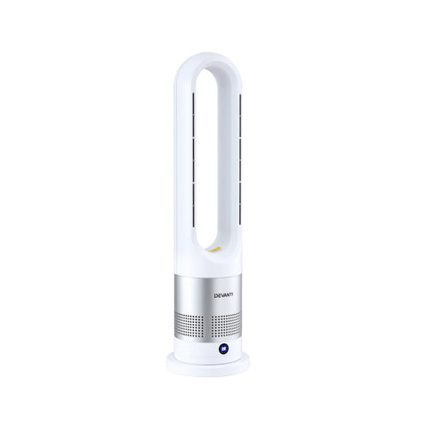 Devanti Bladeless Tower Fan Heater and Cooler 2in1 Portable Oscillation Fan for Bedroom Room Office Use White