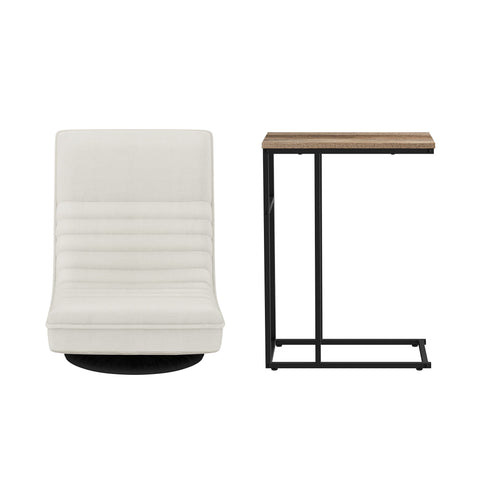 Artiss Floor Lounge & Coffee Table Set, Swivel Foldable Linen Sofa Chair White, C-Shaped Side Table Walnut