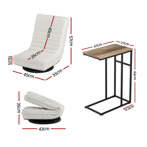 Artiss Floor Lounge & Coffee Table Set, Swivel Foldable Linen Sofa Chair White, C-Shaped Side Table Walnut