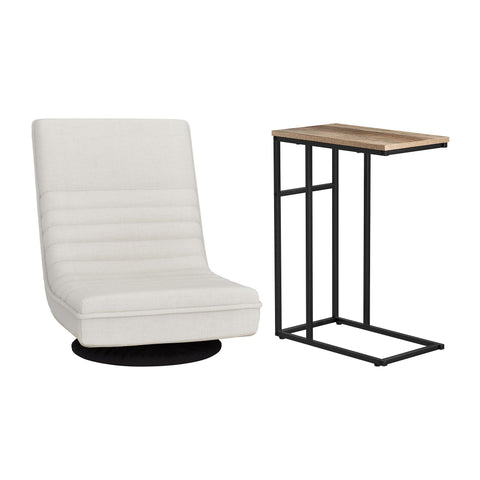 Artiss Floor Lounge & Coffee Table Set, Swivel Foldable Linen Sofa Chair White, C-Shaped Side Table Walnut