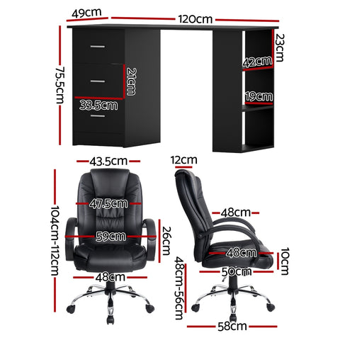 Artiss Computer Desk 120cm Executive Office Chair Set PU Leather High Back Black