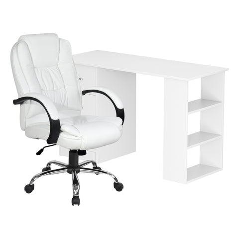 Artiss Computer Desk 120cm Executive Office Chair Set PU Leather High Back White