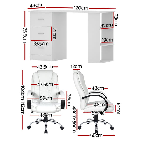 Artiss Computer Desk 120cm Executive Office Chair Set PU Leather High Back White