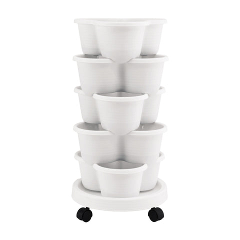 Green Fingers 5 Tier Vertical Garden Planter, Stackable Planters with Wheels, White, Garden Bed, Garden Tower Indoor Outdoor, Auto Drainage System, for Strawberries, Herbs, Flowers, Vegetables