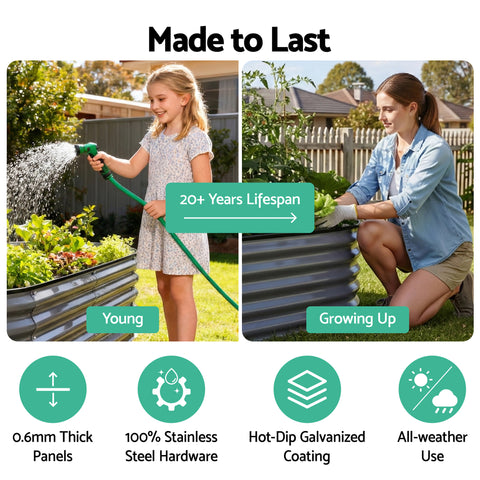 Green Fingers 4 Pcs Raised Garden Bed Kit Oval Galvanized Steel Planter Boxes 320x80x42cm, Heavy Duty Metal Elevated Garden Bed for Vegetables Flowers Herbs, with Safety Edging, Gloves & Pegs Included