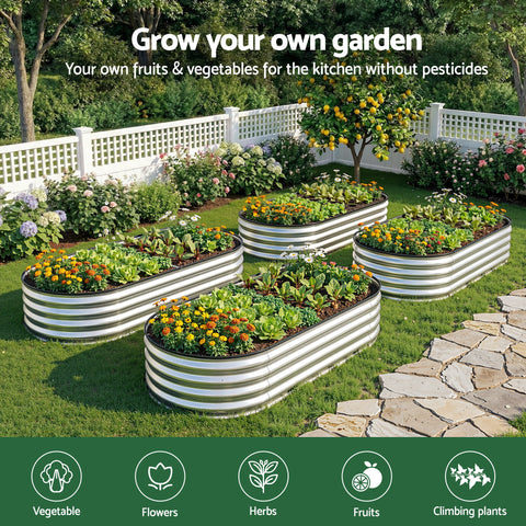 Green Fingers Raised Garden Bed Galvanised Oval Metal Planter Box Large Outdoor 150x70x30cm Silver
