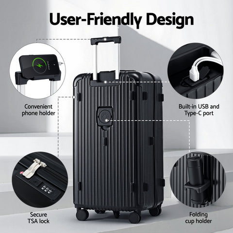 Wanderlite 32" Trunk Luggage Suitcase Travel 5 Wheels Type-C Port TSA Black