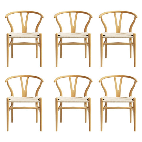 1 Set of 6 Artiss Dining Chairs Wooden Rattan Seat Wishbone Back