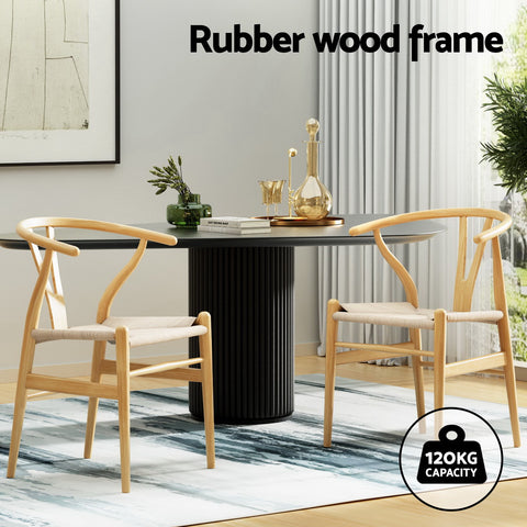 1 Set of 6 Artiss Dining Chairs Wooden Rattan Seat Wishbone Back