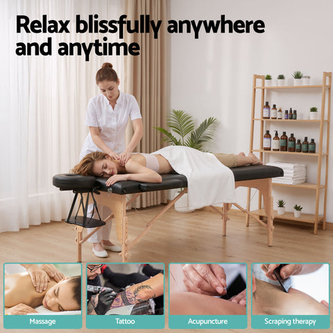 Zenses Massage Table 70cm Portable 2 Fold Wooden Beauty Waxing Therapy Bed Black