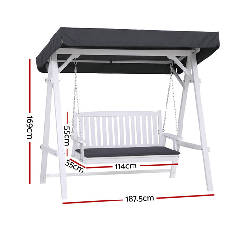 Gardeon Outdoor Wooden Swing Chair Garden Bench Canopy Cushion 3 Seater White