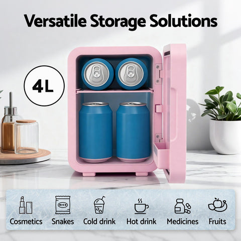 Glacio Mini Fridge Skincare Beauty Cooler Warmer LED Mirror 12V 220V Pink 4L