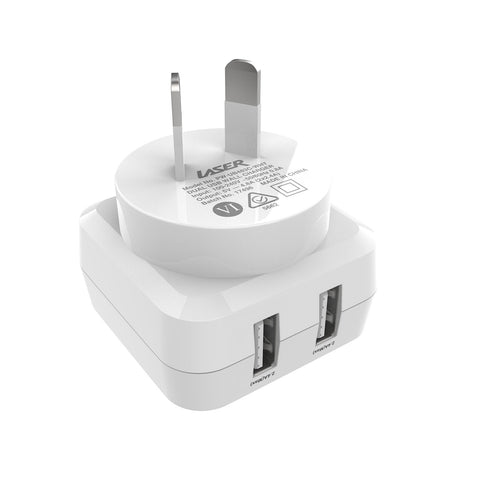 Laser Dual USB AC Charger 2.4A with 3-in-1 Cable White