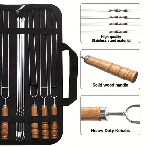 BBQ skewer set, outdoor barbecue Australia, stainless steel skewers, wooden handle skewers, portable skewer set, kebab sticks, grilling accessories