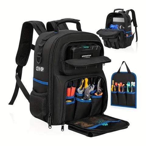 Black travel backpack, multi-pocket backpack, comfortable backpack, backpack with waist support, backpack with rubber feet, organizer backpack, durable backpack