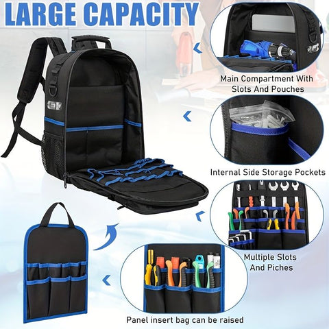 Black travel backpack, multi-pocket backpack, comfortable backpack, backpack with waist support, backpack with rubber feet, organizer backpack, durable backpack