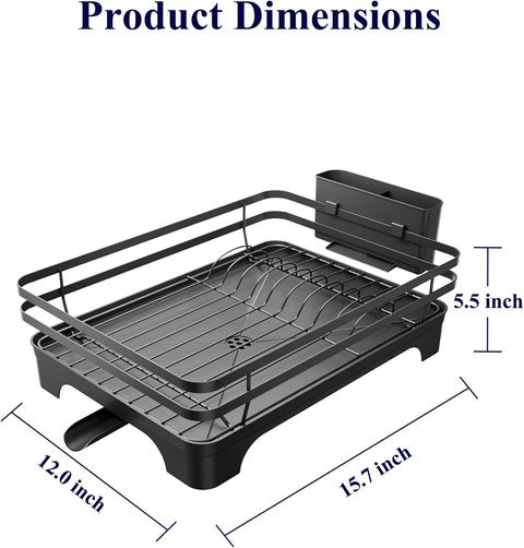 Dish Drying Rack - Multi-Functional Dish Rack for Kitchen Counter with Cutlery Holder, Rust-Proof Storage Solution with Rotatable,  Black