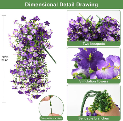 Artificial Fake Hanging Flowers Plants for Outdoor Spring Decoration,2 PCS Faux Silk Morning Glory with Eucalyptus Leaves,UV Resistant Realistic Trailing Vines for Balcony Porch Patio Yard Garden