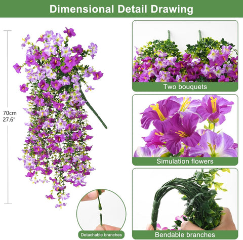 Artificial Fake Hanging Flowers Plants for Outdoor Spring Decoration,2 PCS Faux Silk Morning Glory with Eucalyptus Leaves,UV Resistant Realistic Trailing Vines for Balcony Porch Patio Yard Garden