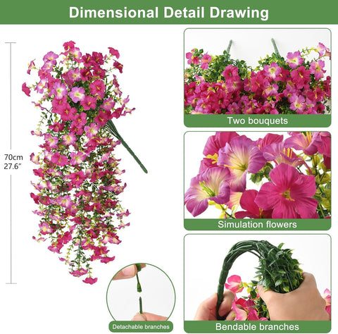 Artificial Fake Hanging Flowers Plants for Outdoor Spring Decoration,2 PCS Faux Silk Morning Glory with Eucalyptus Leaves,UV Resistant Realistic Trailing Vines for Balcony Porch Patio Yard Garden