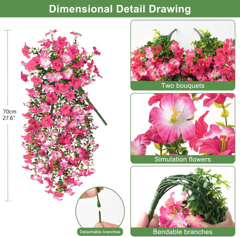 Artificial Fake Hanging Flowers Plants for Outdoor Spring Decoration,2 PCS Faux Silk Morning Glory with Eucalyptus Leaves,UV Resistant Realistic Trailing Vines for Balcony Porch Patio Yard Garden