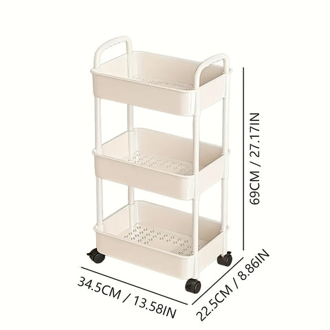 Three-Tier Rolling Cosmetics Storage Rack - Made of durable plastic, equipped with 360-degree swivel casters, strong load-bearing capacity - Suitable for bathroom, bedroom, kitchen, and home storage | White
