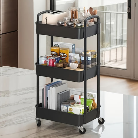 Three-Tier Rolling Cosmetics Storage Rack - Made of durable plastic, equipped with 360-degree swivel casters, strong load-bearing capacity - Suitable for bathroom, bedroom, kitchen, and home storage | White