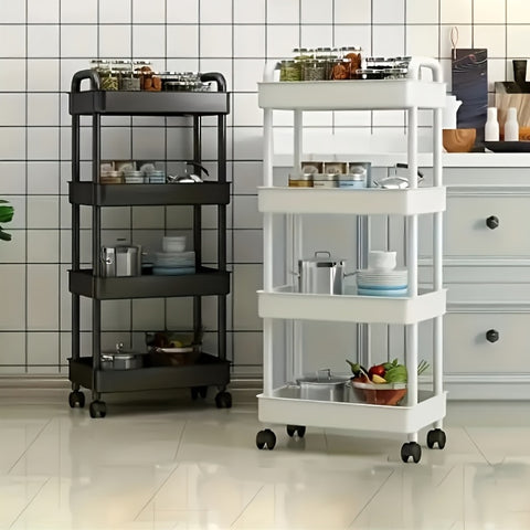 Four-Tier Rolling Cosmetics Storage Rack - Made of durable plastic, equipped with 360-degree swivel casters, strong load-bearing capacity - Suitable for bathroom, bedroom, kitchen, and home storage | BLACK