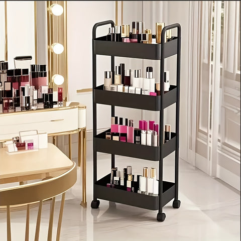 Four-Tier Rolling Cosmetics Storage Rack - Made of durable plastic, equipped with 360-degree swivel casters, strong load-bearing capacity - Suitable for bathroom, bedroom, kitchen, and home storage | BLACK