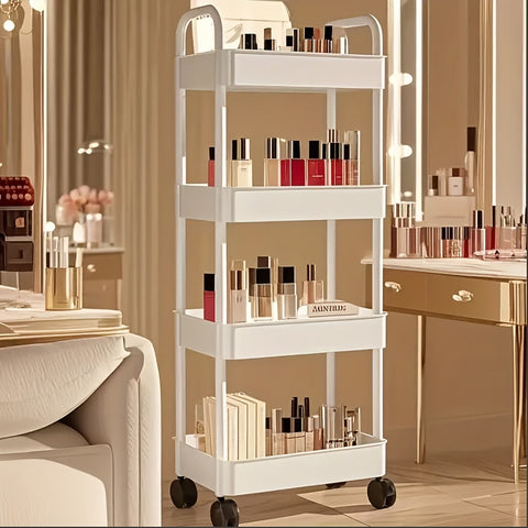 Four-Tier Rolling Cosmetics Storage Rack - Made of durable plastic, equipped with 360-degree swivel casters, strong load-bearing capacity - Suitable for bathroom, bedroom, kitchen, and home storage | BLACK