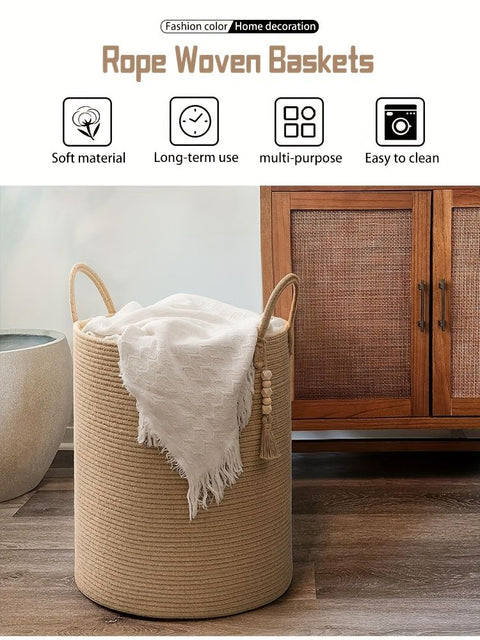 Brown Gray round rope laundry basket, tassel laundry basket, high quality laundry basket, bohemian laundry basket, stylish laundry basket, boho rope basket, large laundry hamper, Australian home decor